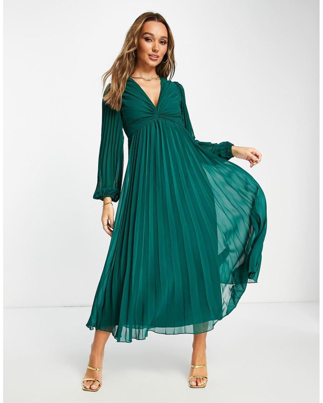 ASOS Green Pleated Bodice Plunge Neck Midi Dress