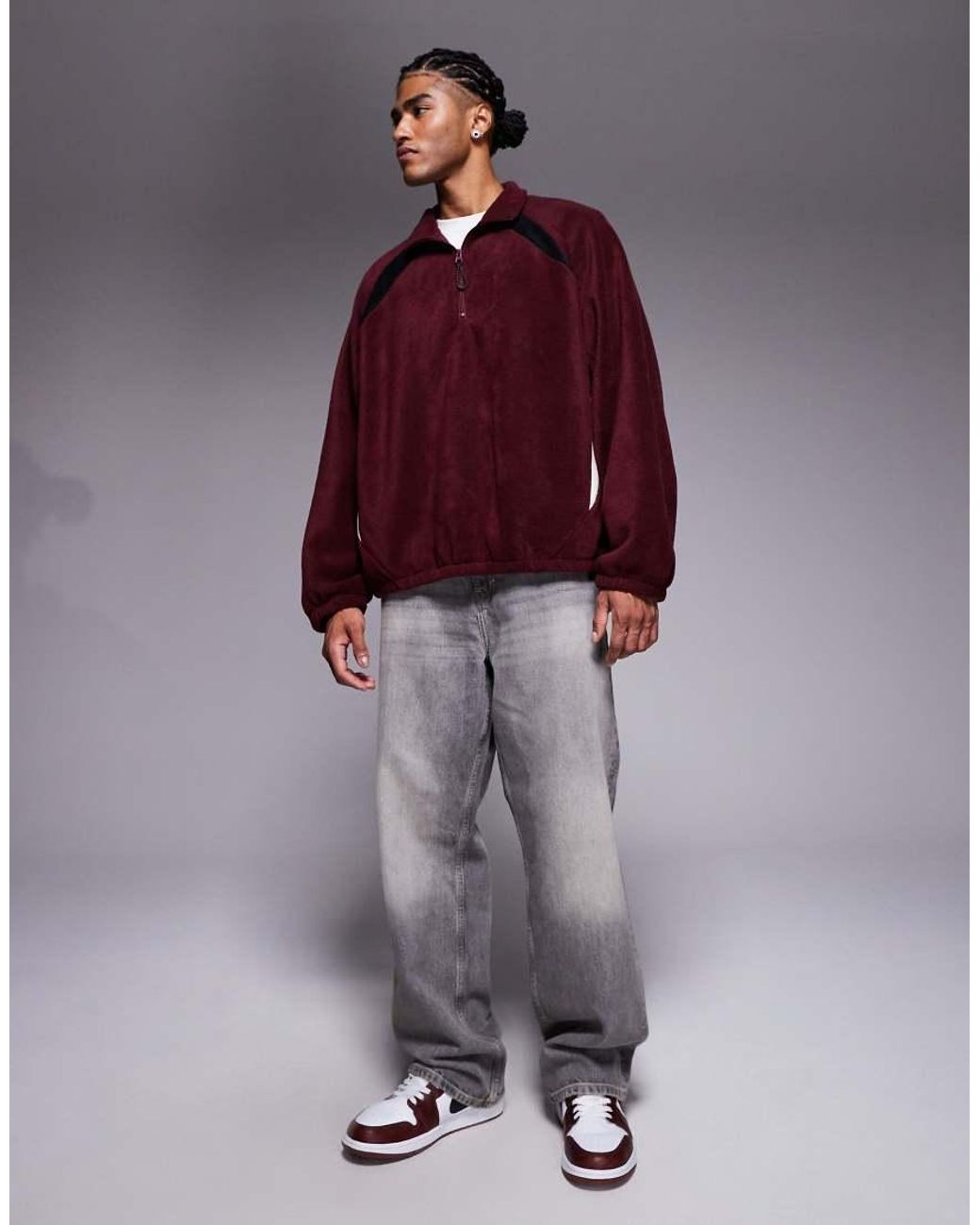 ASOS Red Extreme Oversized Quarter-zip Funnel Neck Fleece Sweatshirt With Raglan Sleeve for men