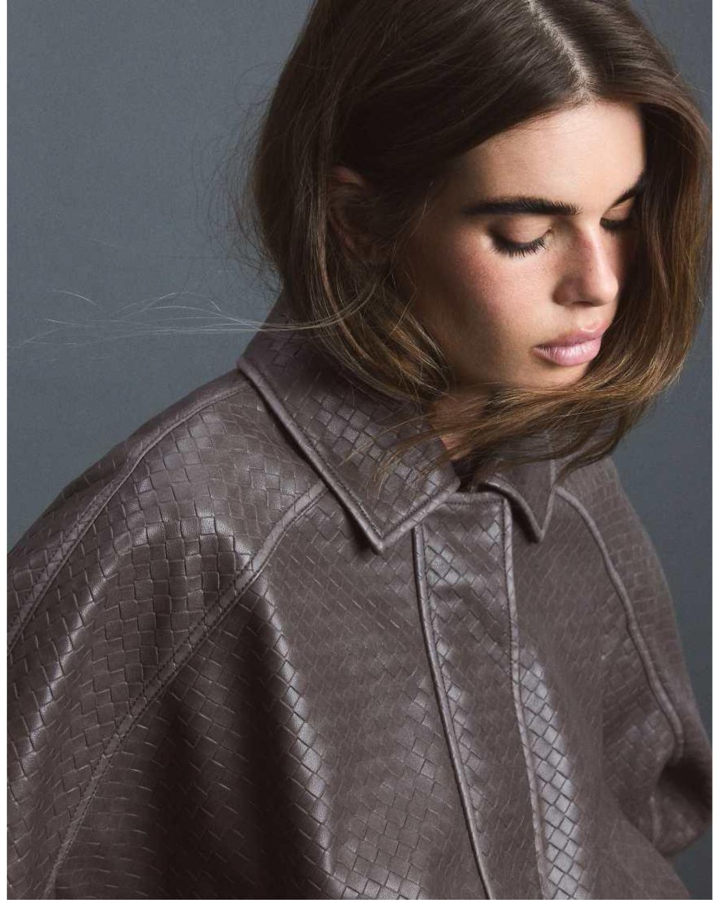 Stradivarius Gray Braided Leather Effect Bomber Jacket