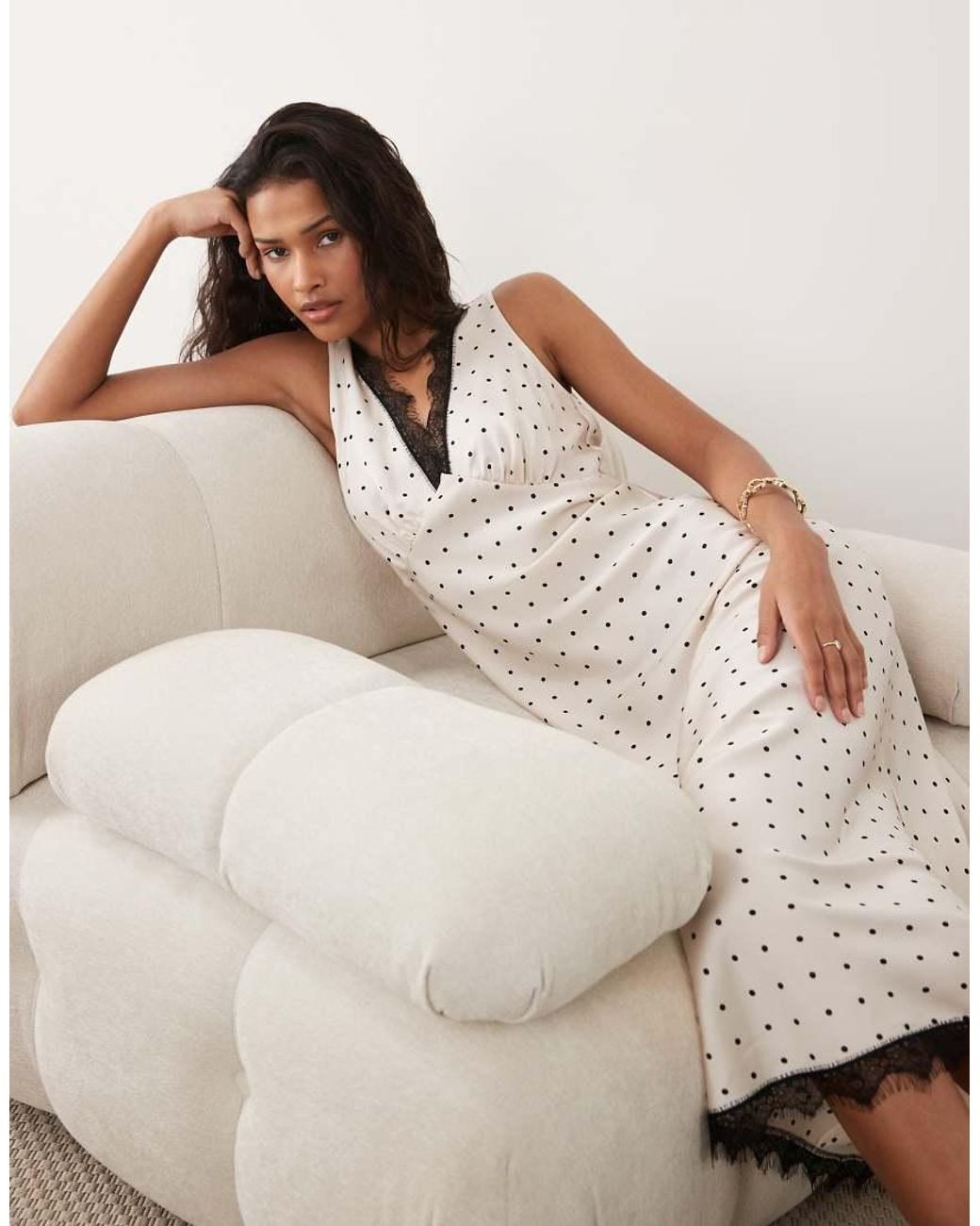 New Look Natural Polka Dot Satin Lace Midi Dress