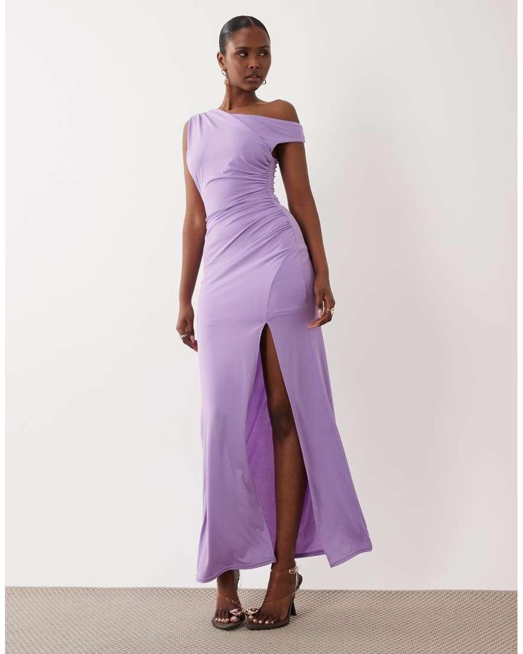 TFNC London Purple Slinky Fallen Shoulder Thigh Split Midaxi Dress