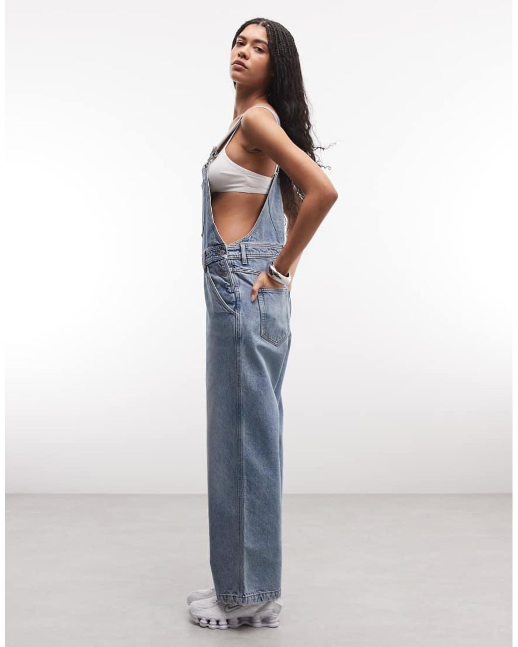 Monki Blue 90s Denim Wide Leg Dungaree Jumpsuit