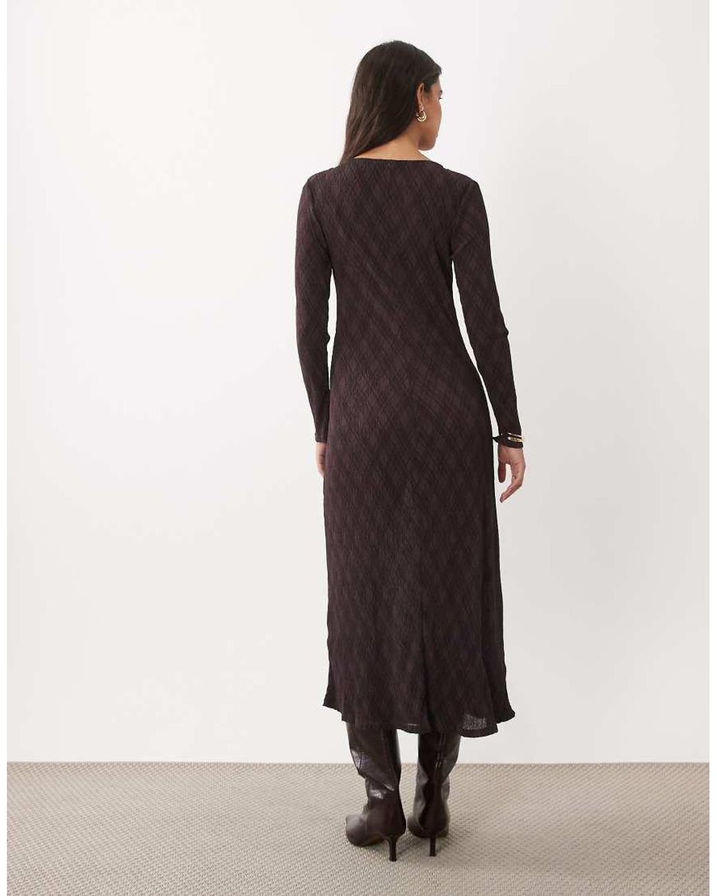 Mango Brown Plisse Long Sleeve Midi Dress