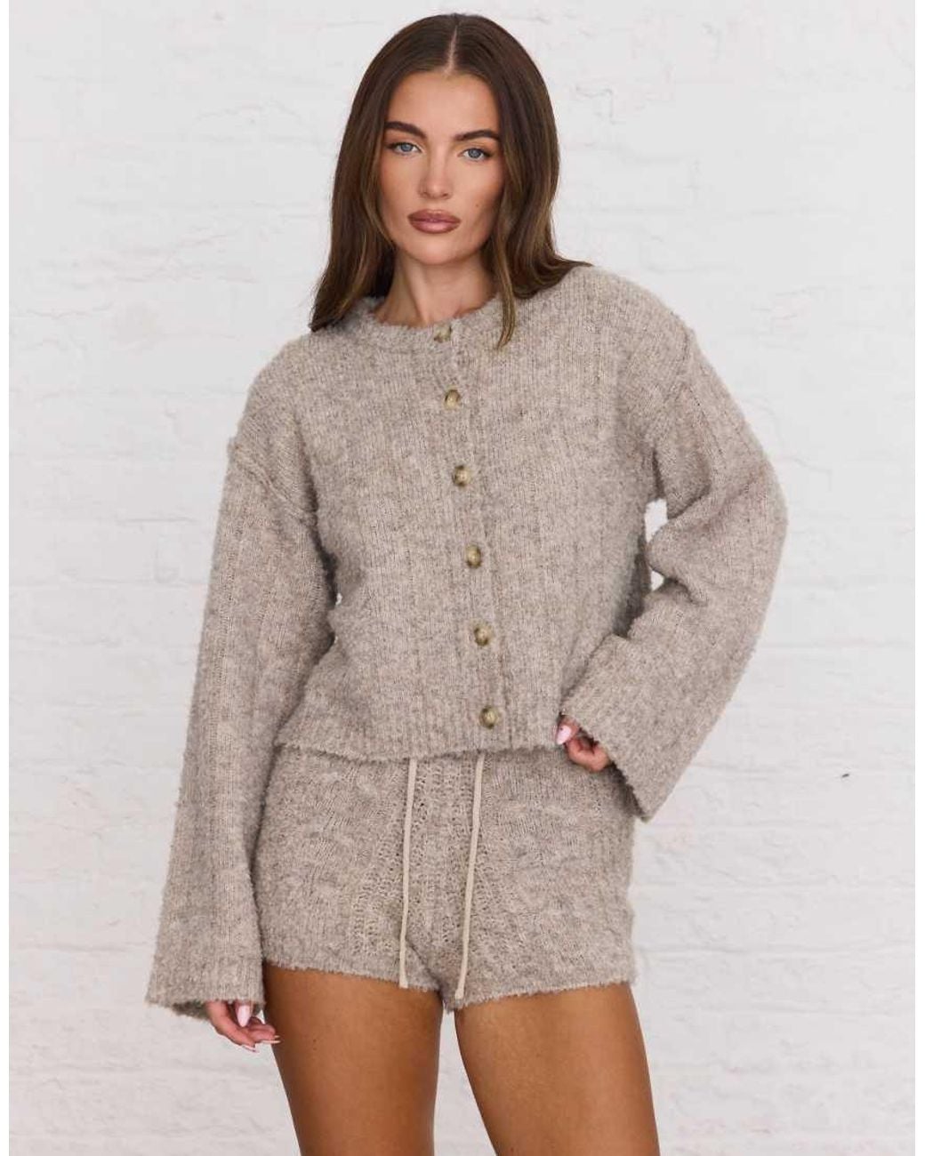 Aria Cove Gray Slouchy Ribbed Knit Wide Sleeve Cardigan Co-Ord