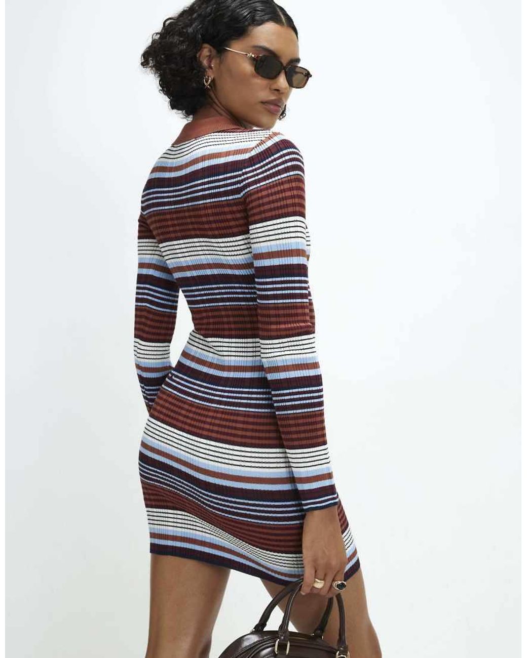 River Island Blue Stripe Knitted Polo Mini Dress