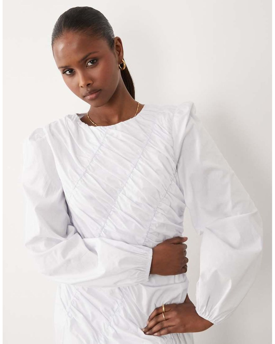 DASKA White Asymmetric Shirred Detail Balloon Sleeve Maxi Dress