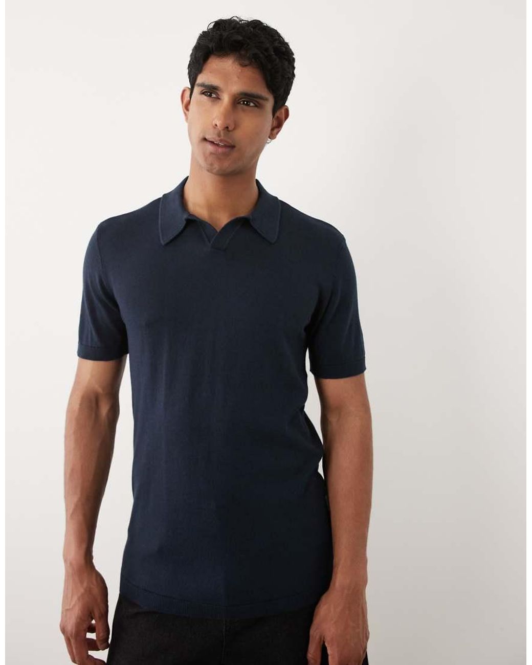 Blend Blue Cotton-mix Knitted Open Collar Regular Fit Polo for men