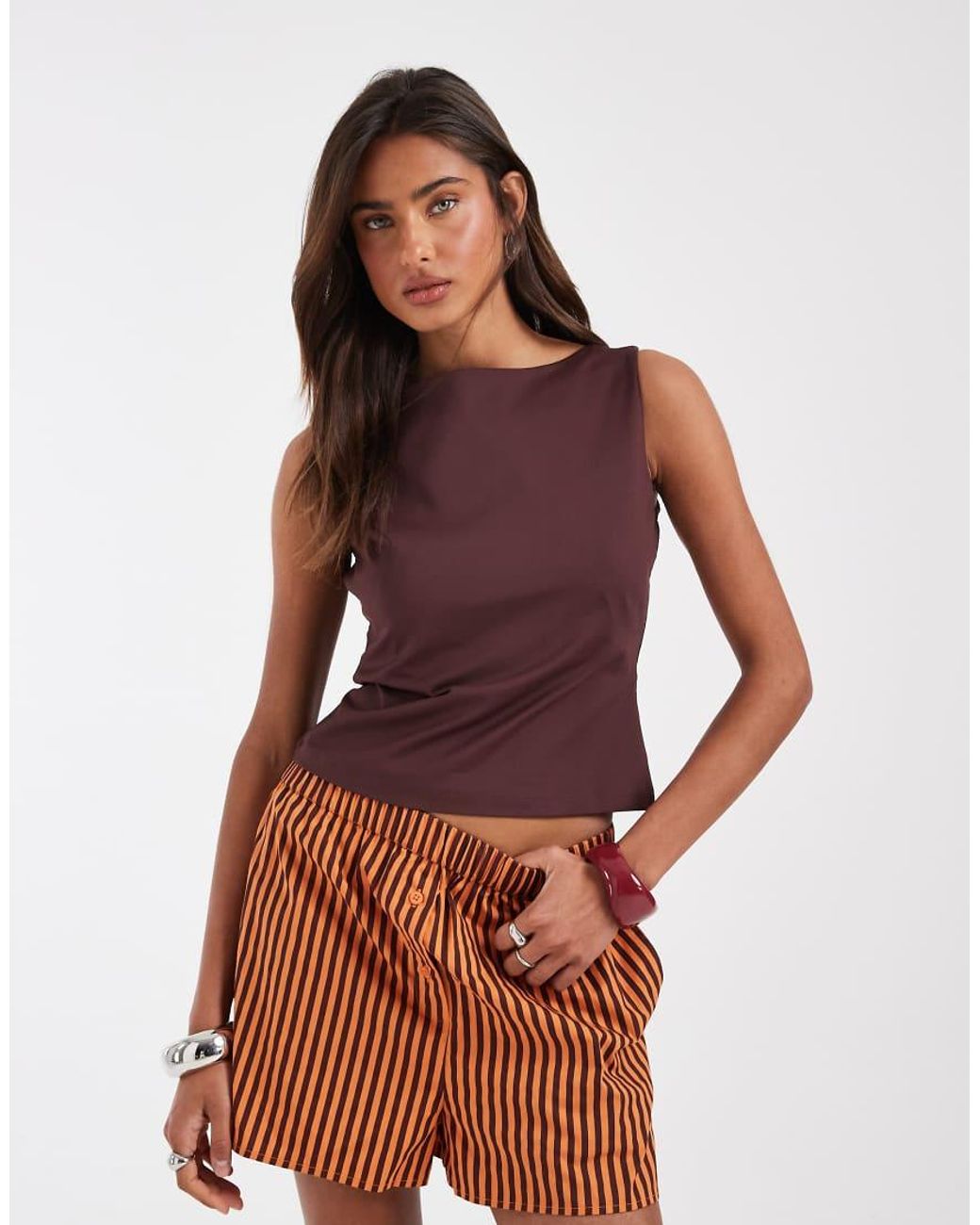 ASOS Brown Polyamide Slinky Boat Neck Top