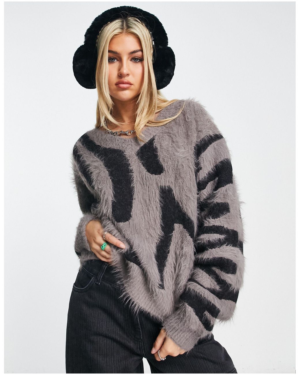 Weekday Cora Hairy Knit Jacquard Jumper in Gray | Lyst