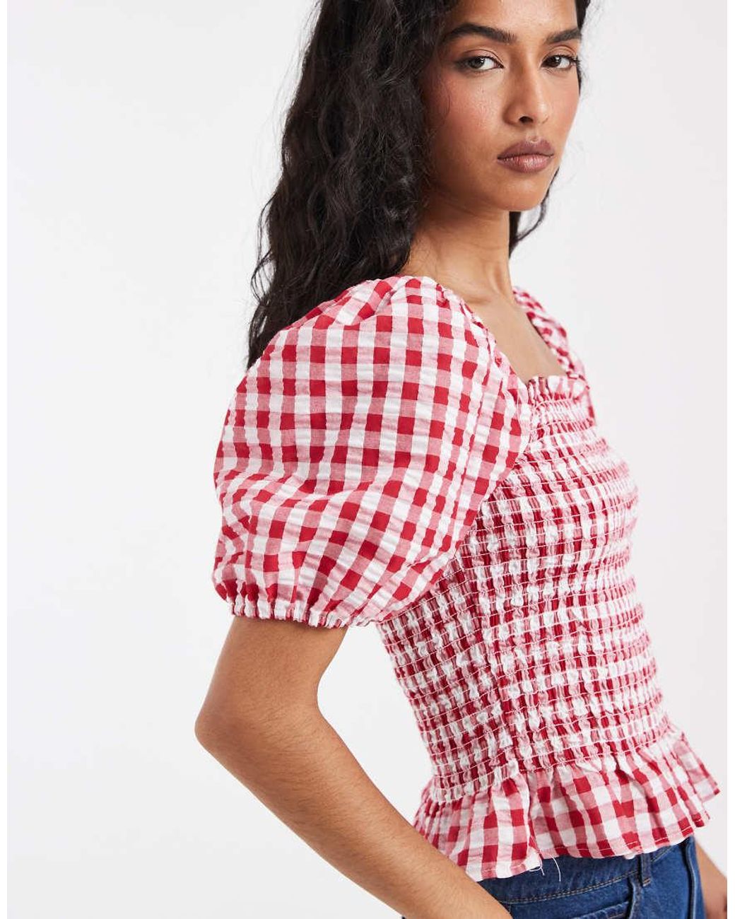 Vero Moda Red Shir Bodice Puff Sleeve Crop Top