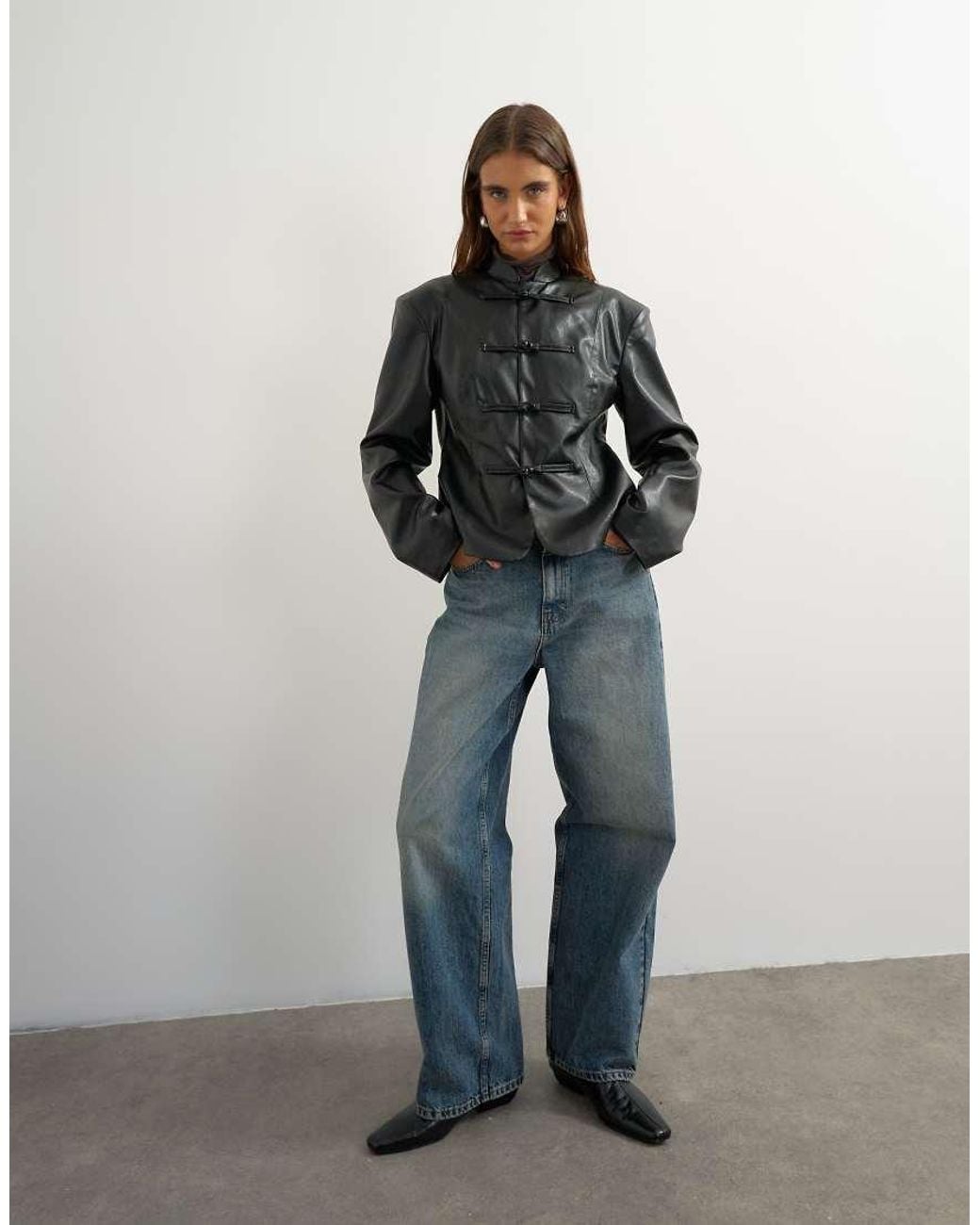 TOPSHOP Black Faux Leather frogging Fastening Blazer