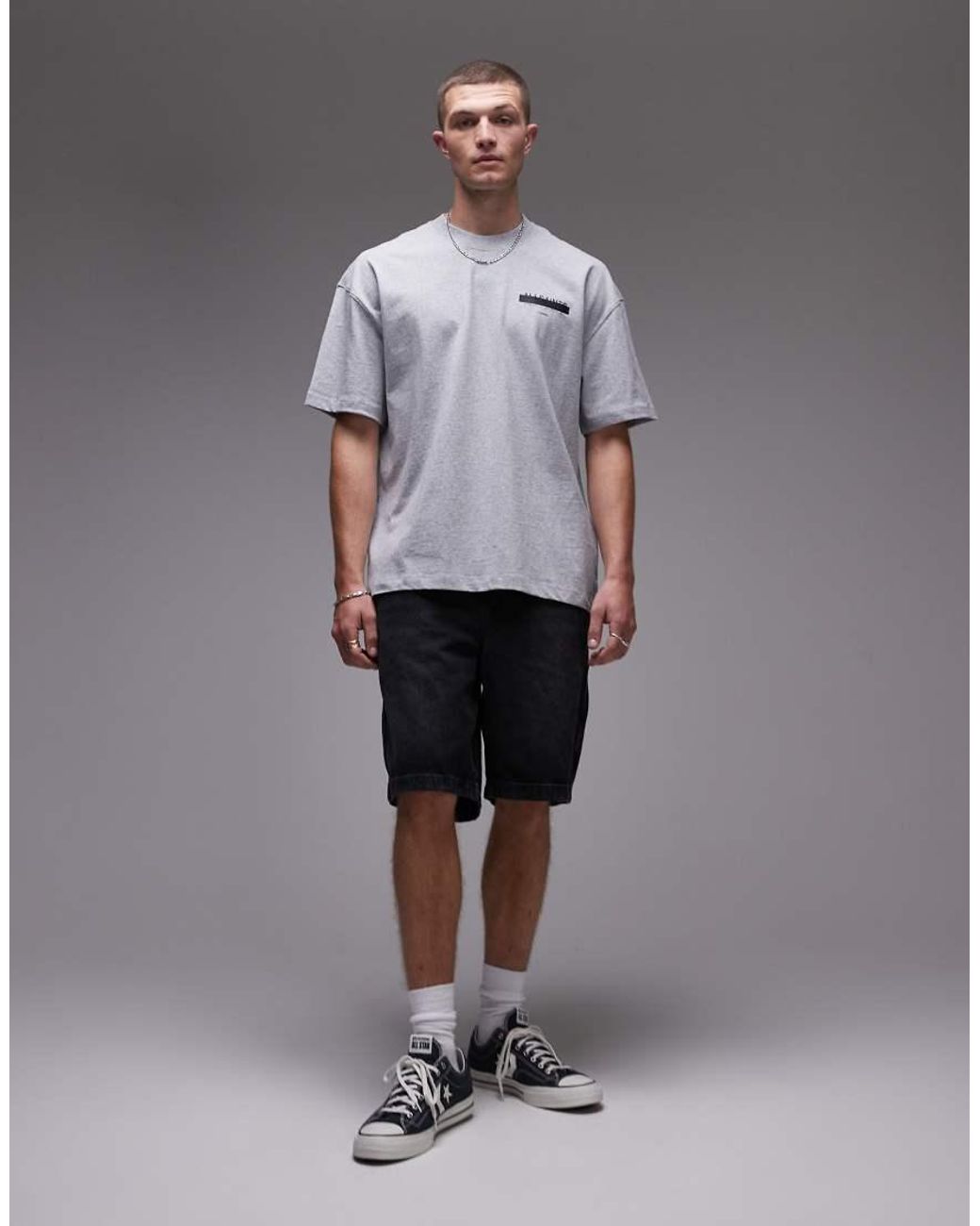 AllSaints Gray Redact Oversized Embroidered Logo T-Shirt for men
