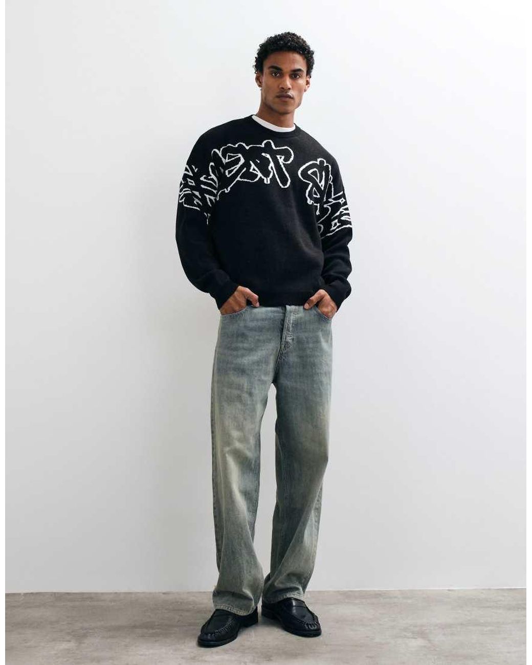 ASOS Blue Oversized Knitted Crew Neck Jumper With Back Print for men