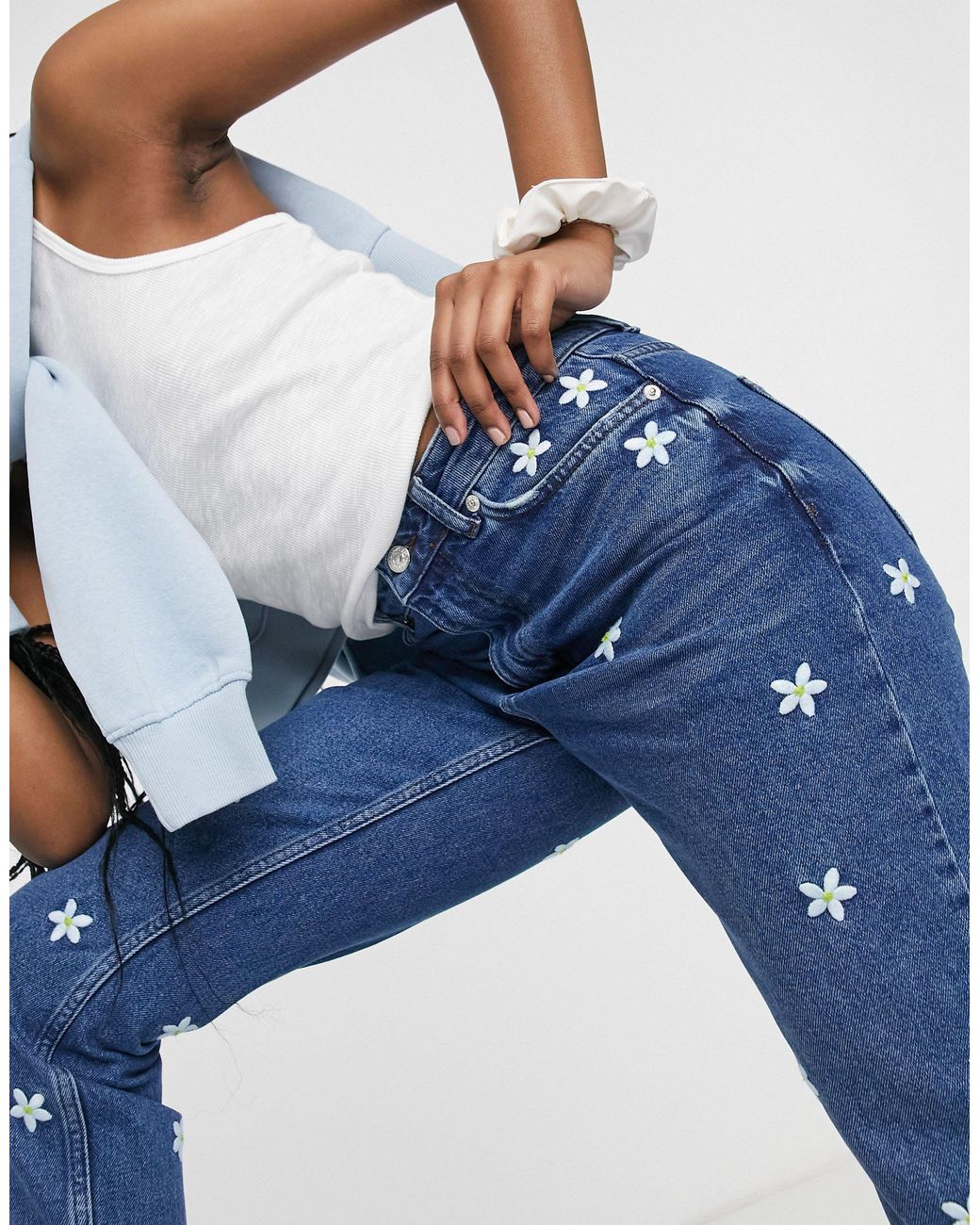 Denim Daisy Embroidered Mom Jeans 