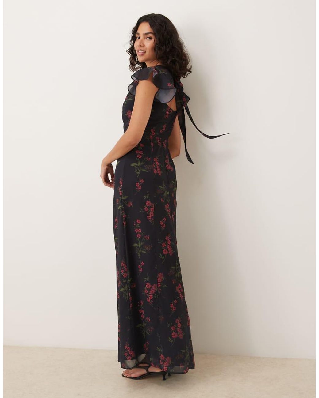 ANAYA Black Floral Flutter Sleeve Maxi Dress