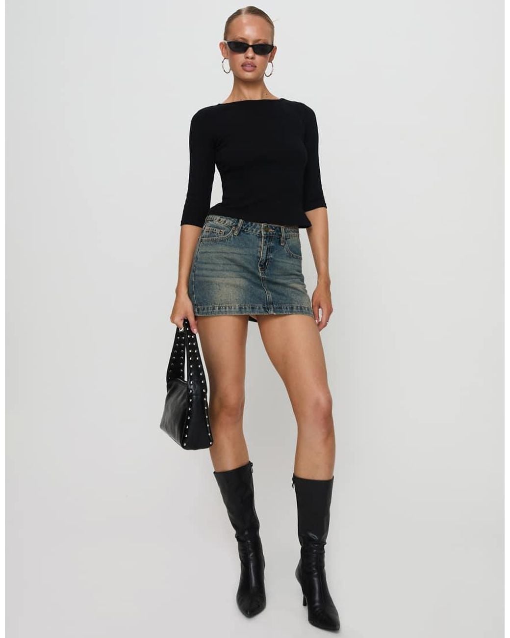 Princess Polly Black Elaia Cotton Rich Ribbed 3/4 Sleeve Top