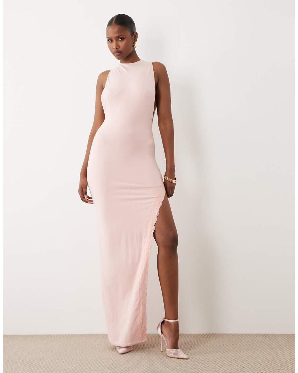 Oh Polly Natural Modal Halter Neck Open Back Detail Lace Trim Maxi Dress