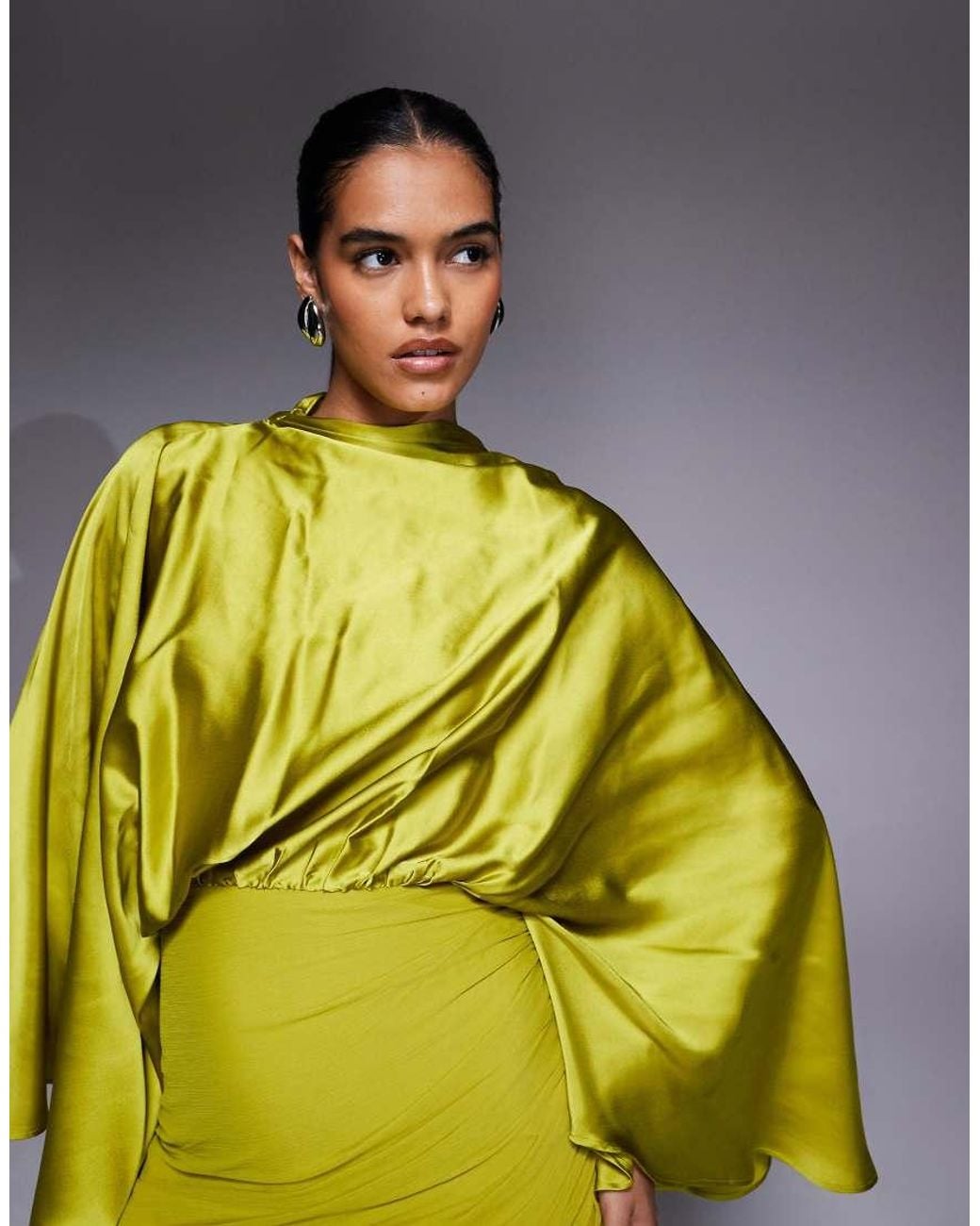 ASOS Yellow Flared Sleeve Satin And Chiffon Mix Maxi Dress With Draped Skirt