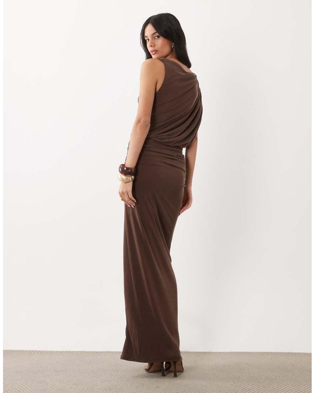 ASOS Brown High Neck Drape Short Sleeve Maxi Dress