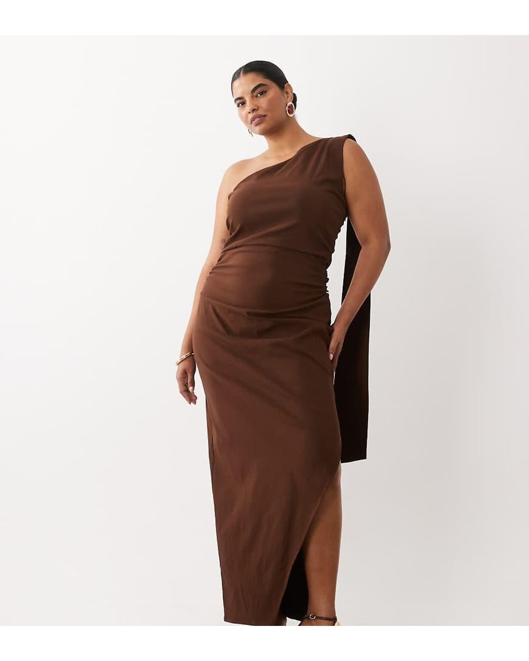 Tfnc Plus Brown Bengaline One Shoulder Draped Maxi Dress