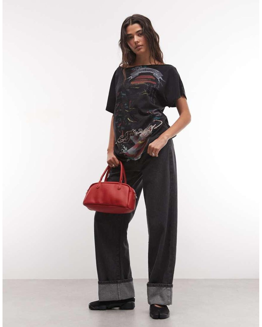 Ed Hardy Black Flying Cranes Off Shoulder T-Shirt