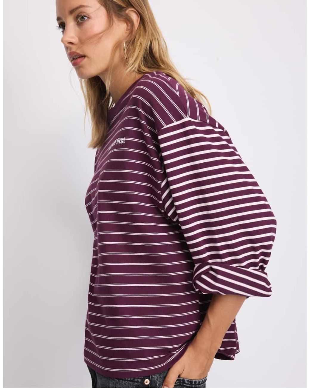 Stradivarius Purple Long Sleeve Striped Slogan T-Shirt