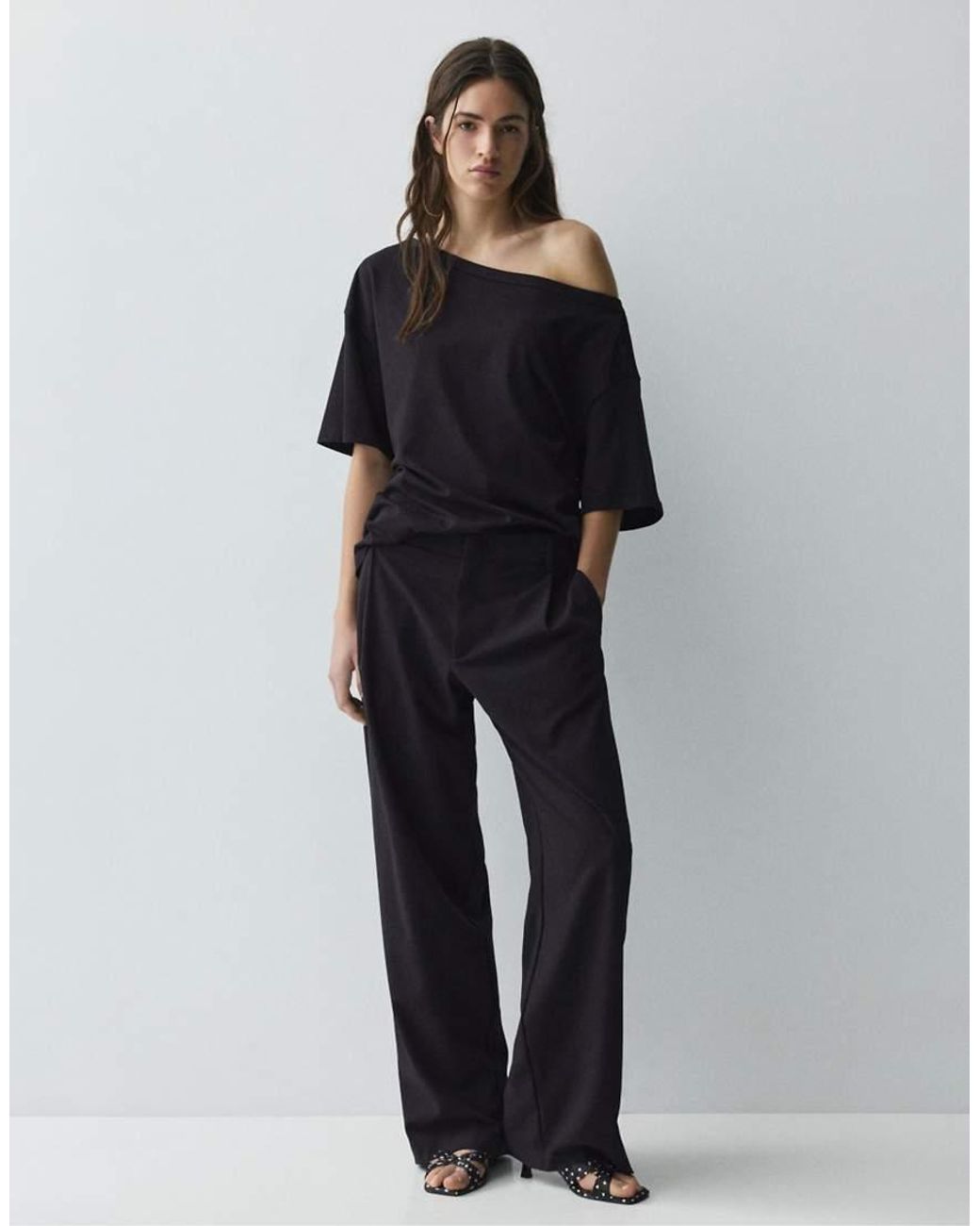 Pull&Bear Black Asymmetric Short Sleeve T-shirt