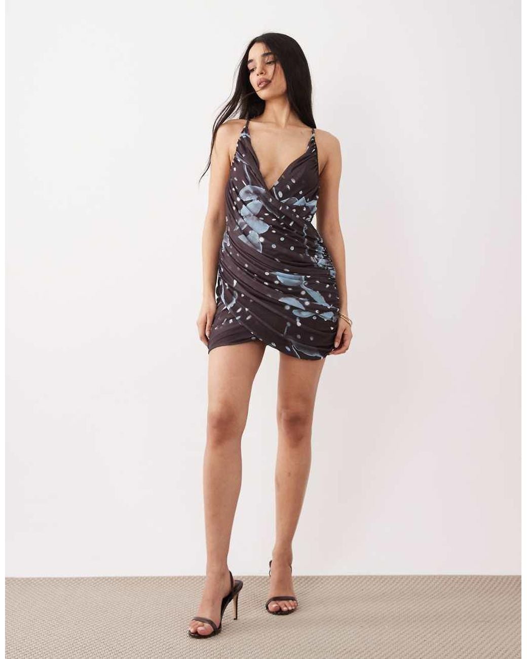ASOS Pink Printed Mesh Cross Front Draped Mini Dress