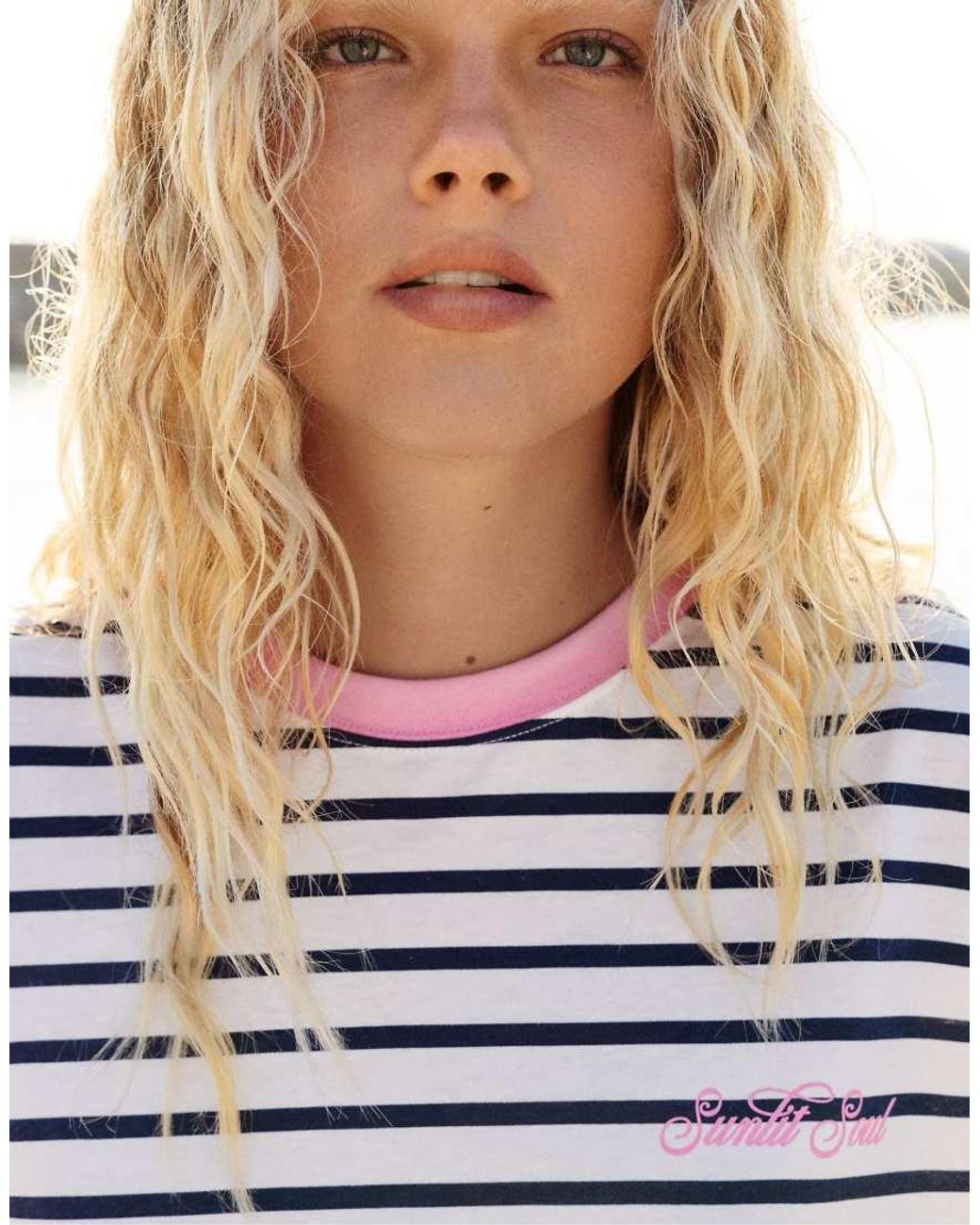 Pull&Bear Blue Striped Ribbed Text T-shirt