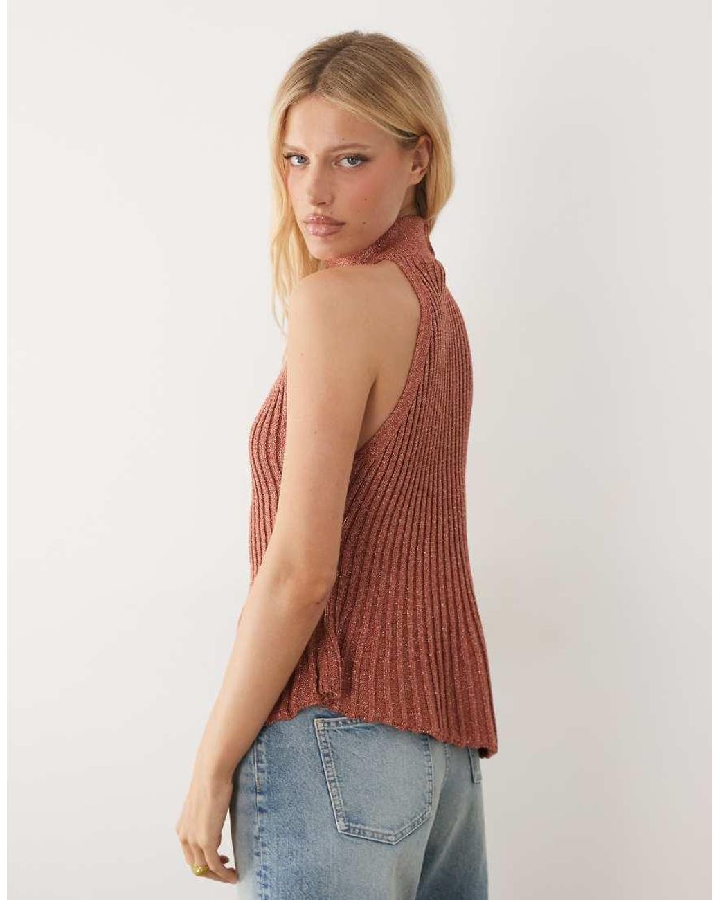 ASOS Brown Metallic Knitted Asymmetrical Halter Top