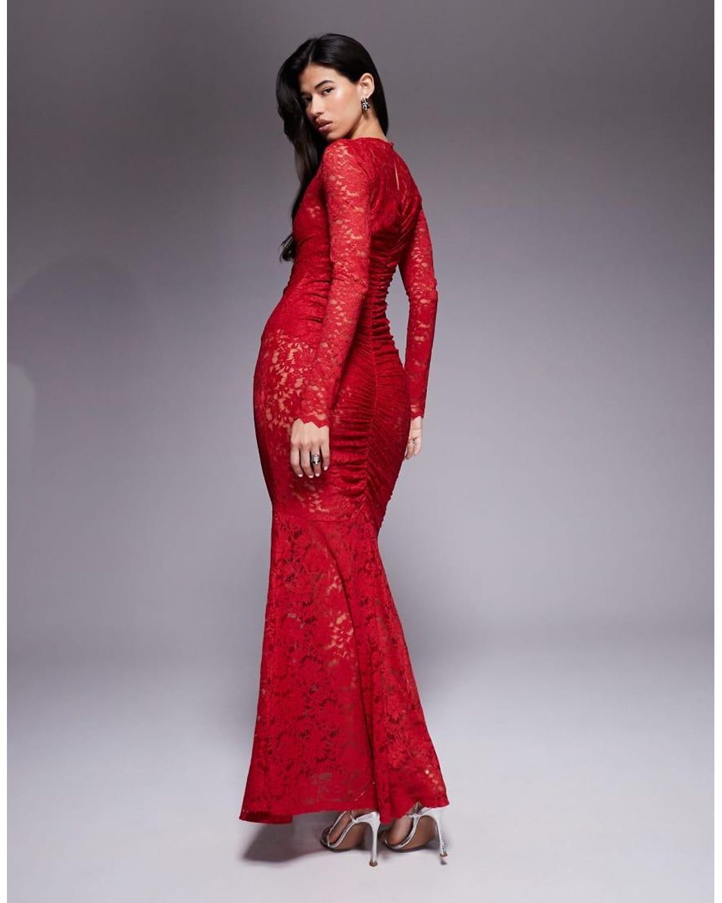 AFRM Red Lace Ruched Long Sleeve Maxi Dress With Bodysuit