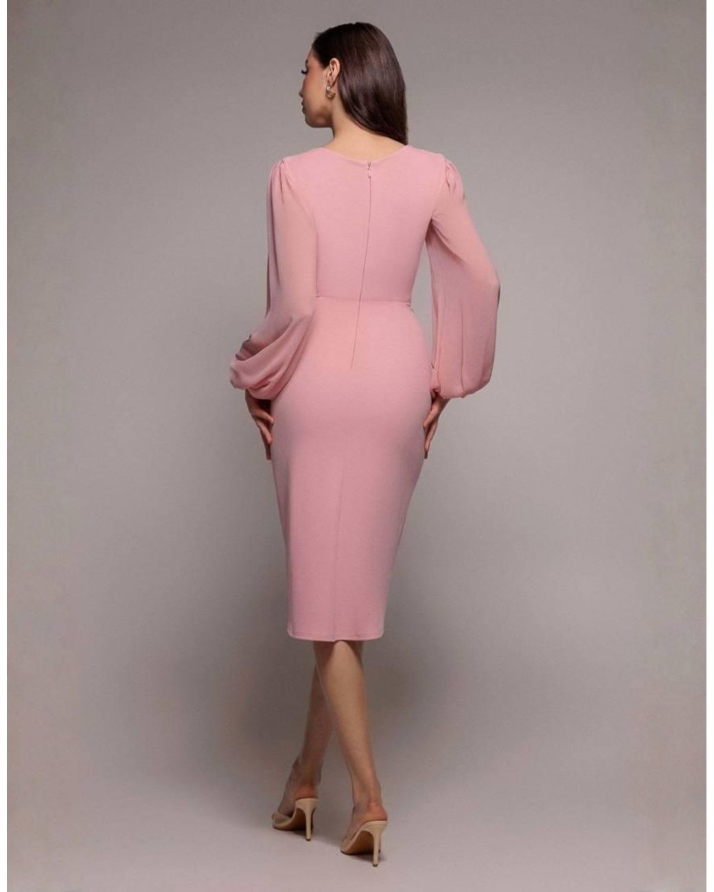 Goddiva Pink Sculpting Stretch Jersey & Chiffon Balloon Sleeve Wrap Midi Dress