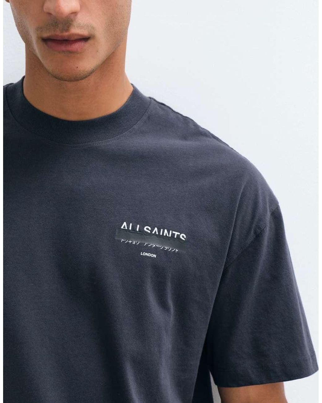 AllSaints Blue Redact Oversized Embroidered Logo T-Shirt for men