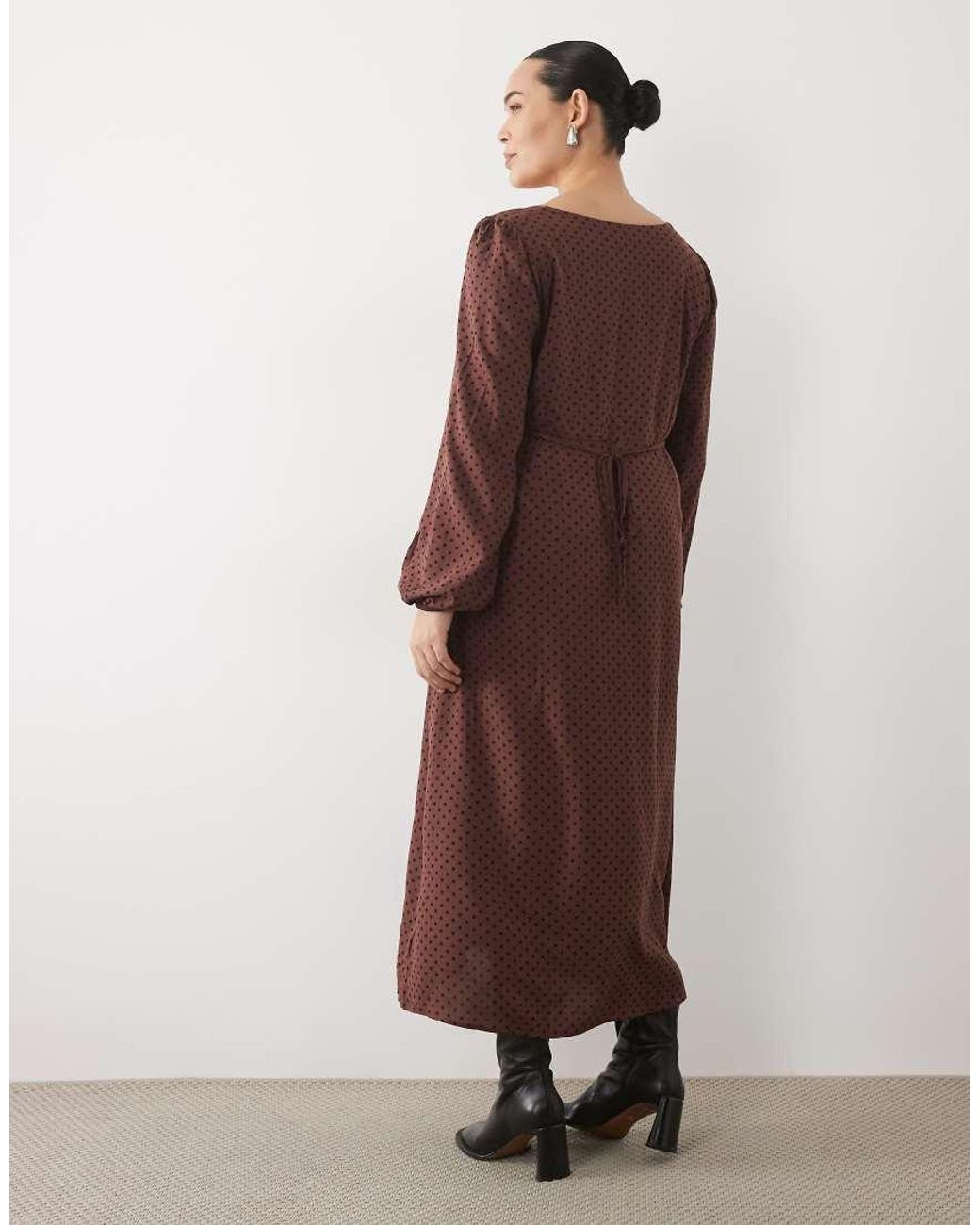 Nobody's Child Brown V Neck Balloon Sleeve Button Front Midi Dress