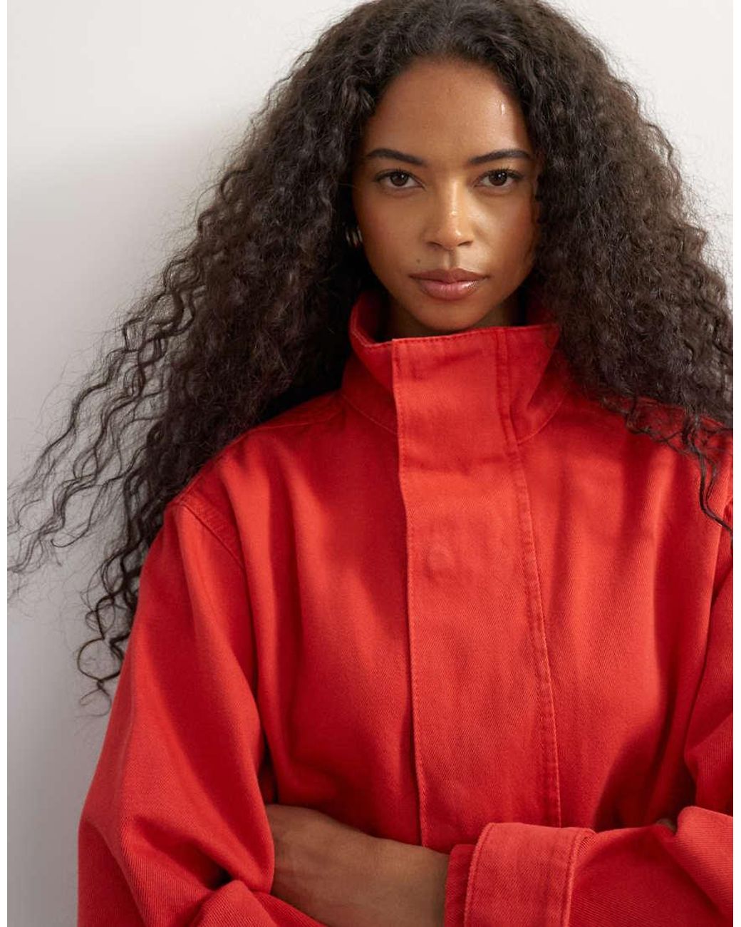 TOPSHOP Red Denim Funnel Neck Bubble Hem Top