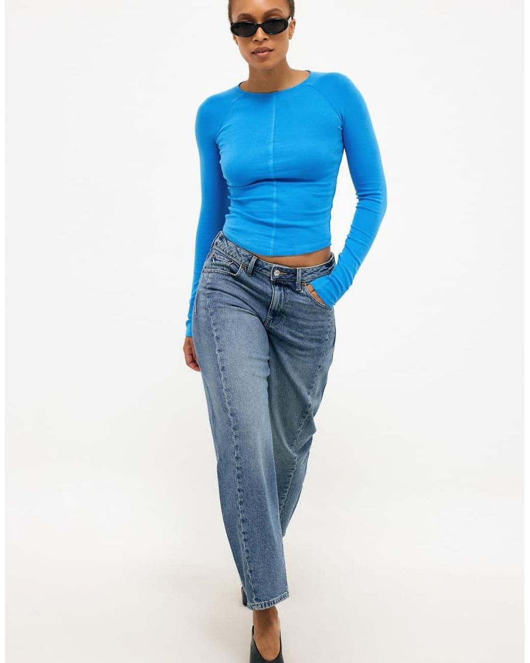 NA-KD Blue Long Sleeve Rounded Hem Jersey Top