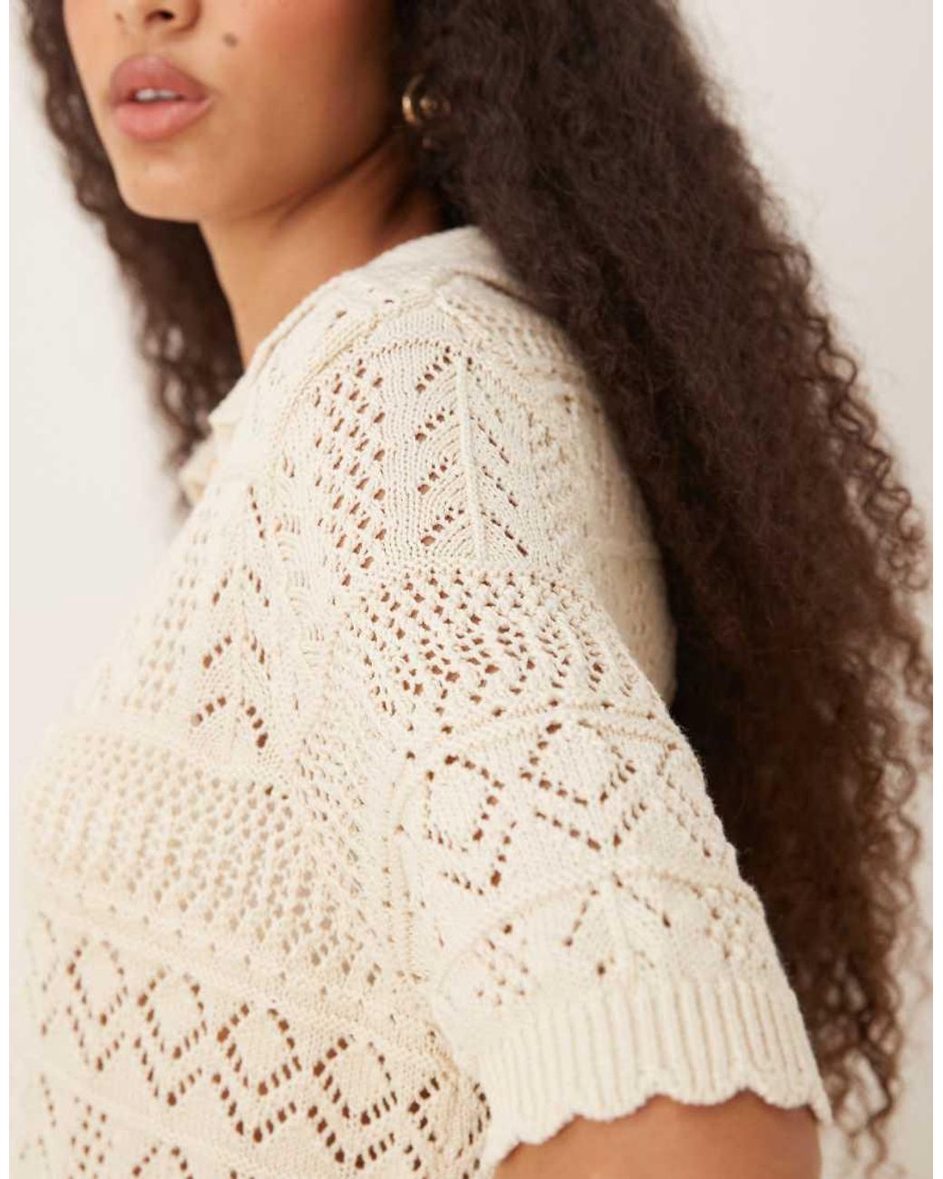 Vila Natural Patterned Crochet Short Sleeve Knitted Polo Top