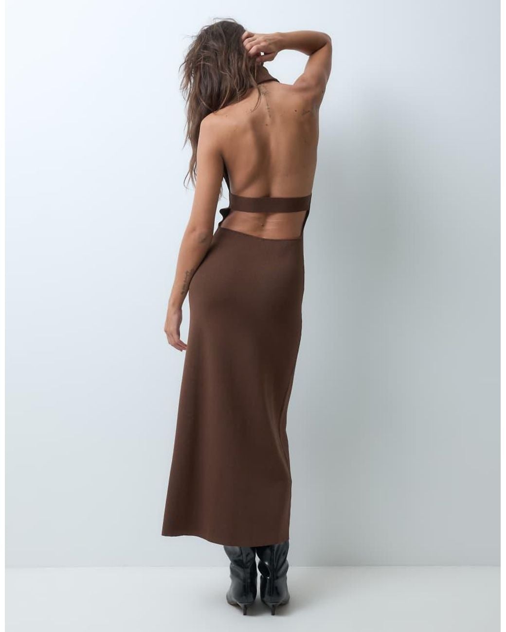 BRONZE SNAKE Brown Halterneck High Neck Maxi Knit Dress