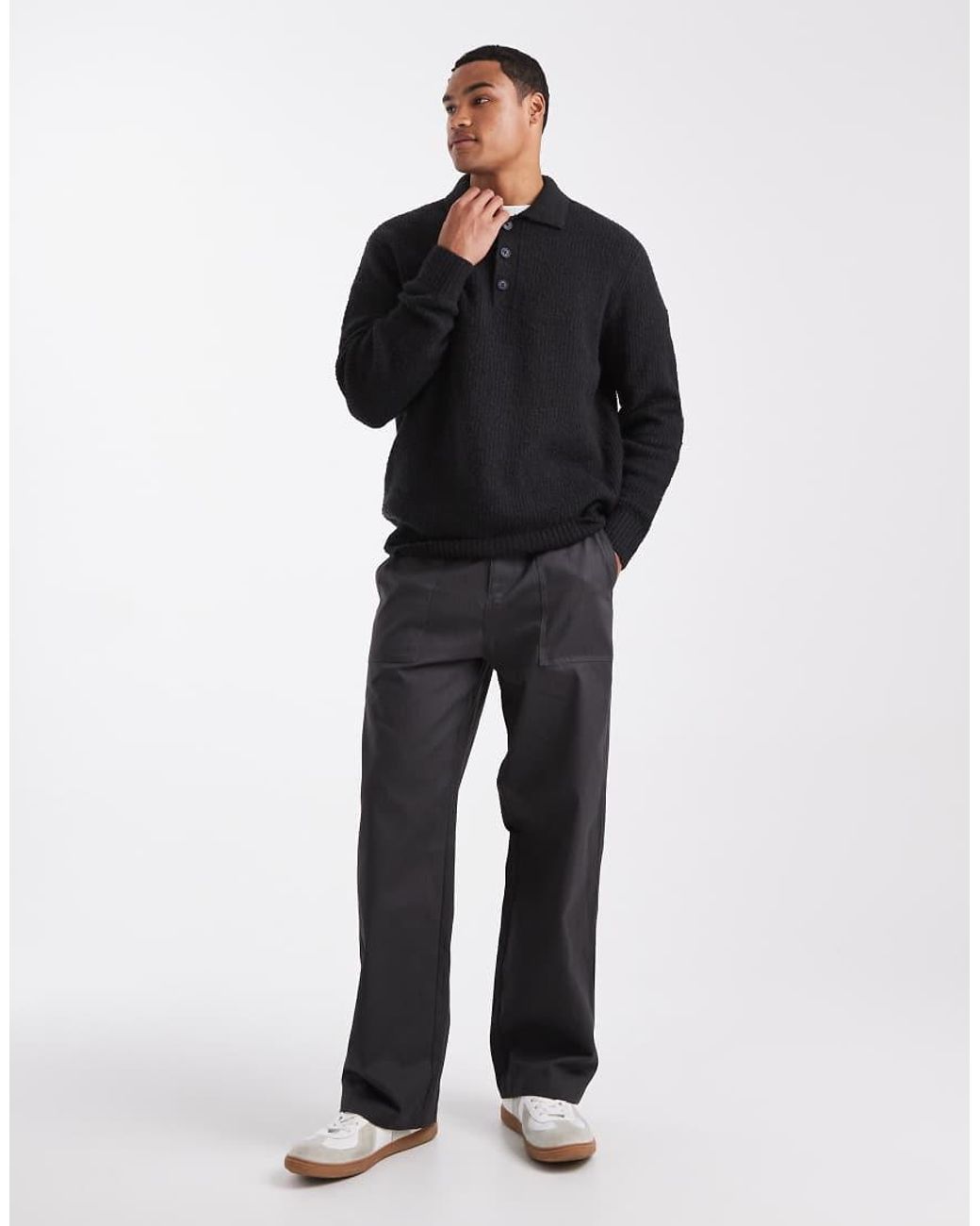 Only & Sons Black Relaxed Fit Fisherman Knit Polo Jumper for men