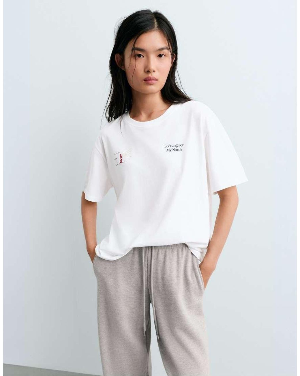 Oysho White Boxy Print Cotton Blend T-Shirt