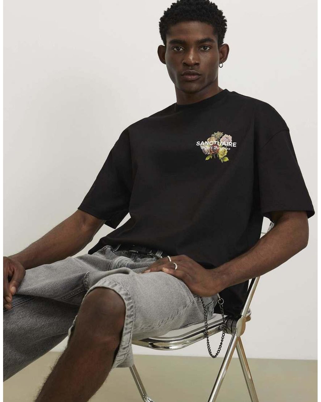 River Island Black Oversized Cotton Flower Print T-Shirt for men