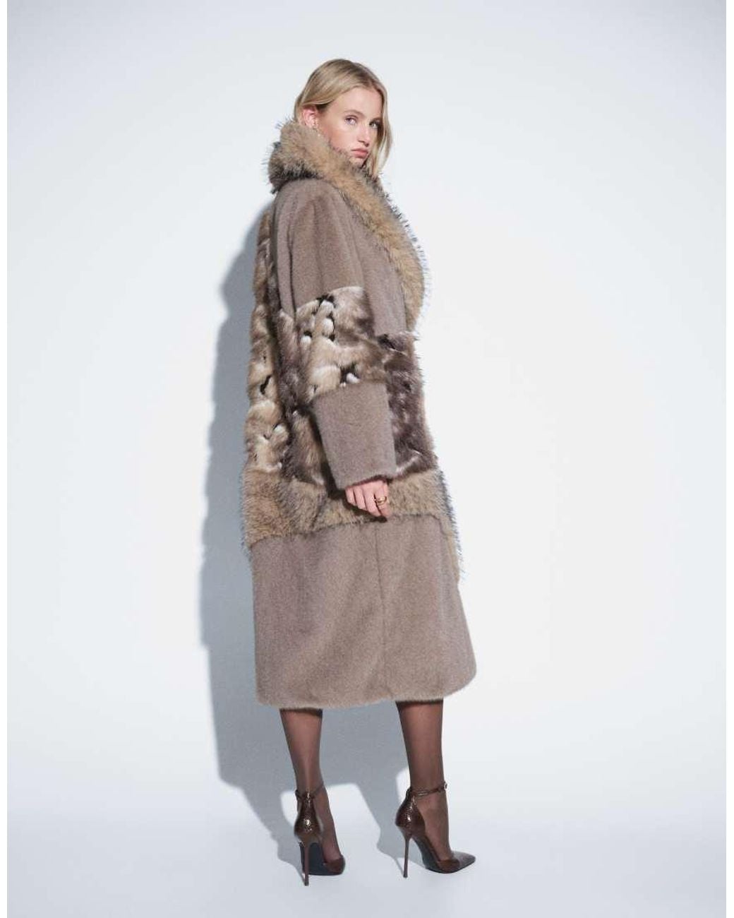ASOS Brown Patched Longline Faux Fur Coat