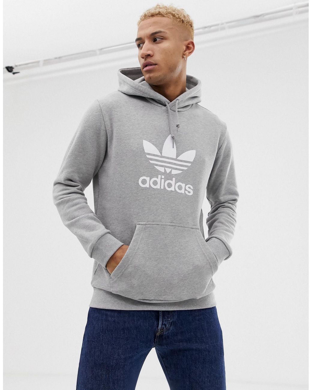 adidas Originals Cotton Hoodie With Trefoil Logo in Grey (Gray) for Men ...