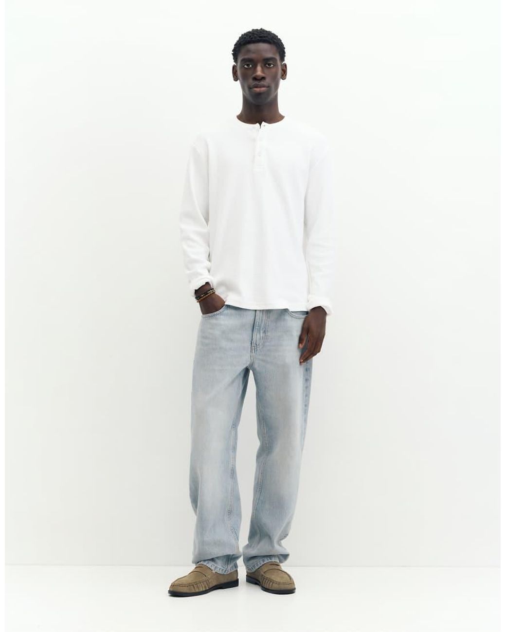 Pull&Bear White Henley Waffle-knit Long Sleeve T-shirt for men