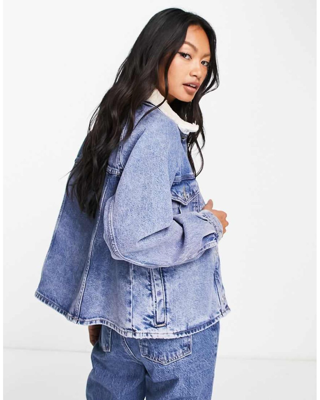 River Island Blue Borg Collar Denim Trucker Jacket