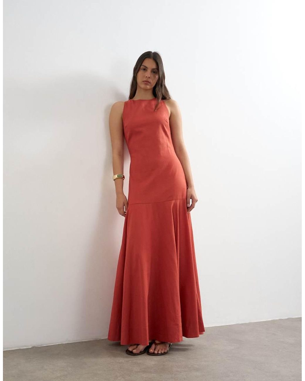 TOPSHOP Red Dropped Waist Full Circle Hem Midi Dress