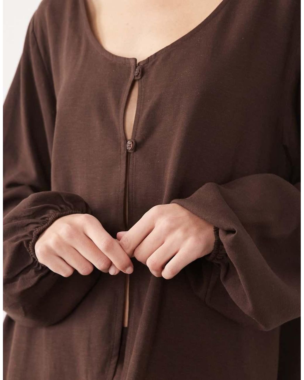 ASOS Brown Linen Blend Volume Sleeve Blouse Co Ord