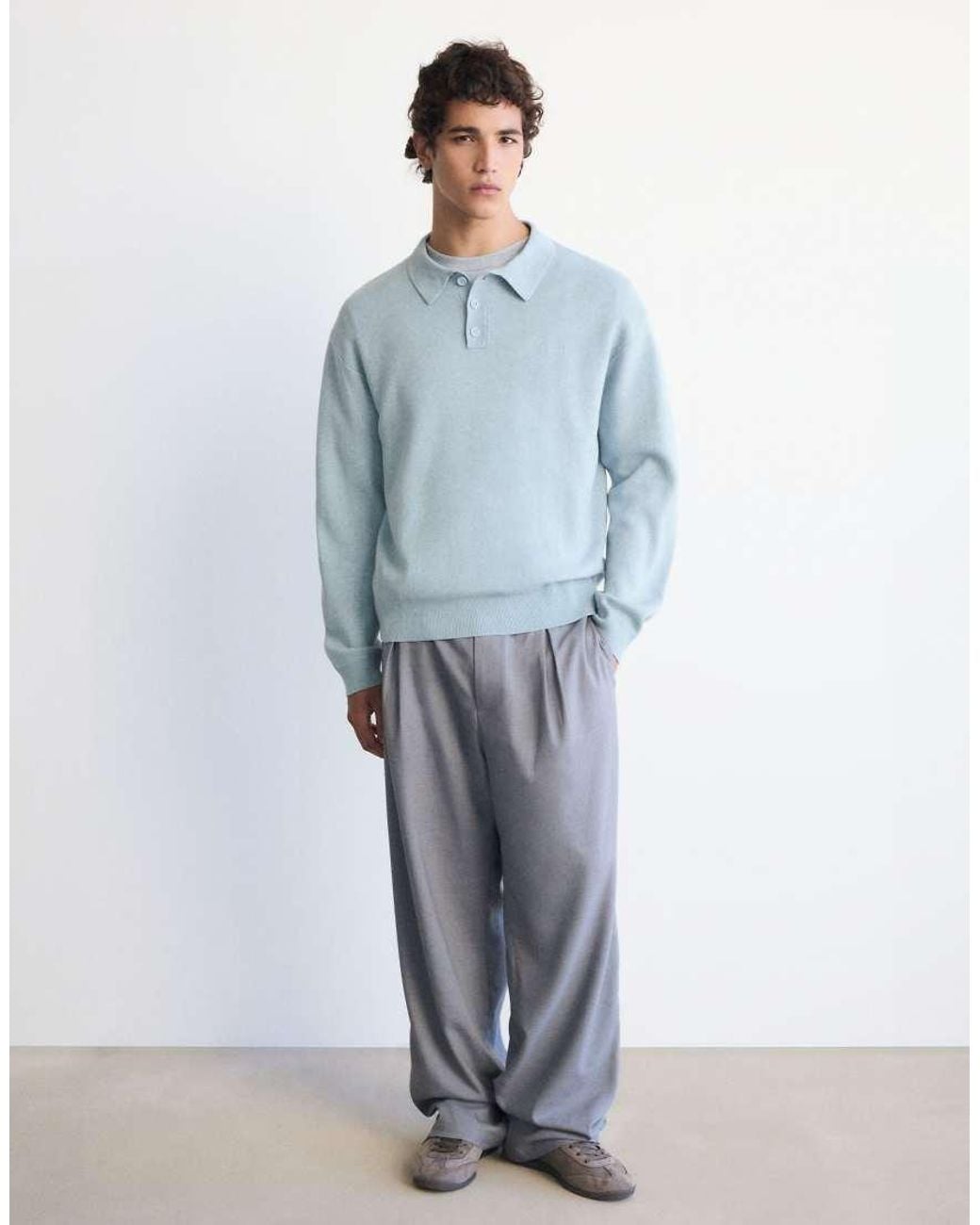 Pull&Bear Blue Long Sleeve Knit Polo Shirt for men