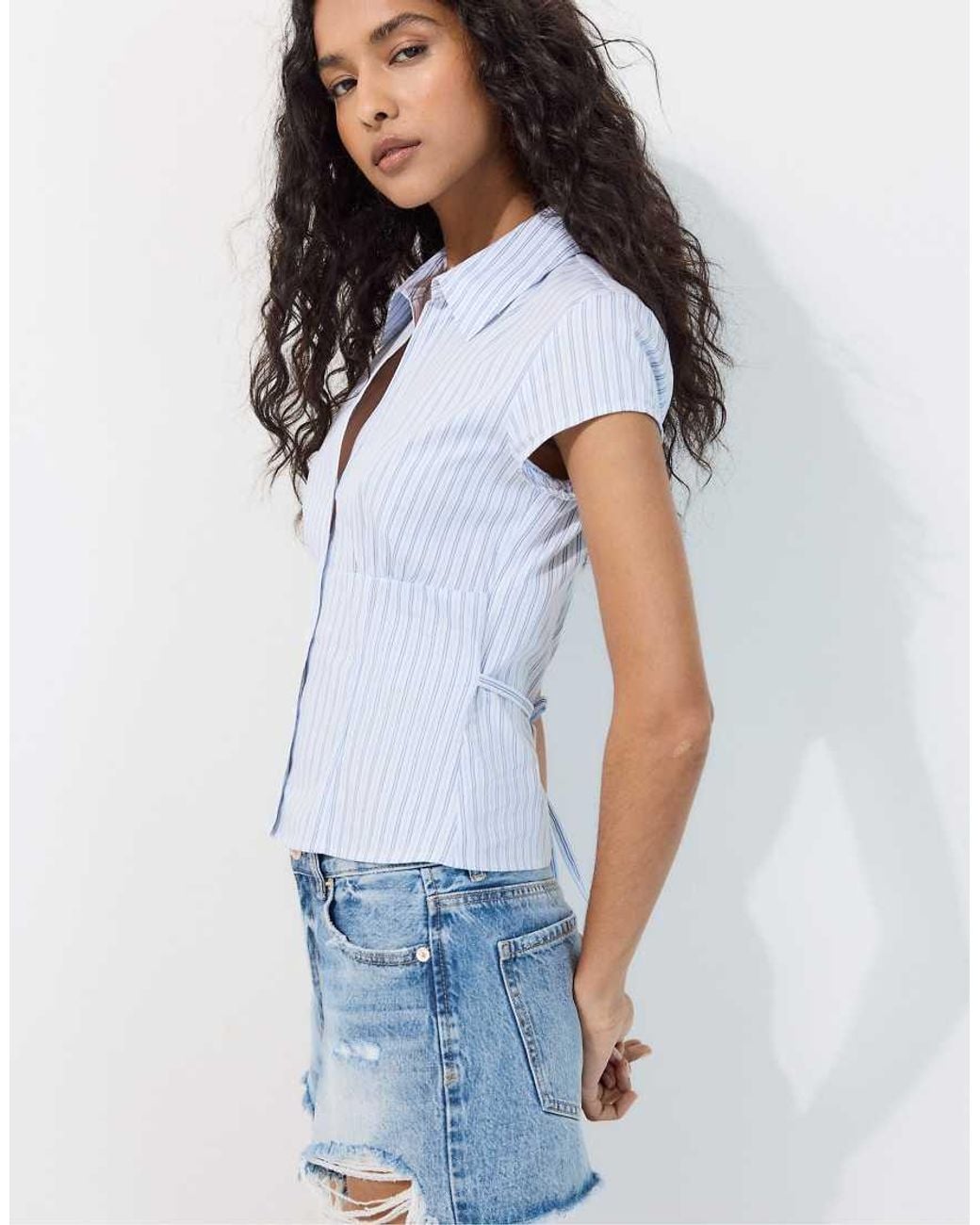Stradivarius Blue Short Sleeve Shirt With Underbust Seam
