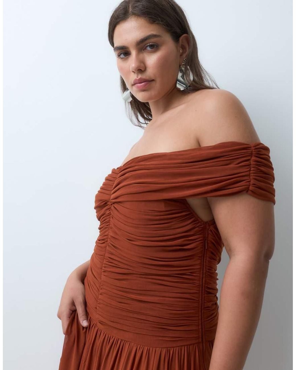 Lace & Beads Plus Brown Mesh Off Shoulder Shirred Drop Waist Maxi Dress